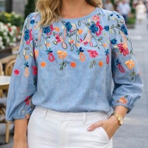 Kindred Womens Floral Embroidered Chambray Blouse Blue 3/4 Sleeve Boho Top Small